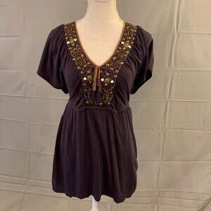 Anthropologie C Keer Purple Beaded V-Neck Top